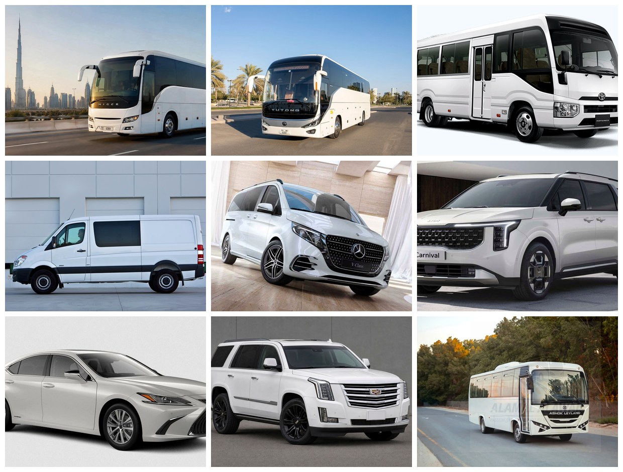 Alamal Alawal fleet: 51-seat coach, 35-seat bus, Coaster, minibus, V-Class, Carnival, Lexus sedan, Escalade and staff buses