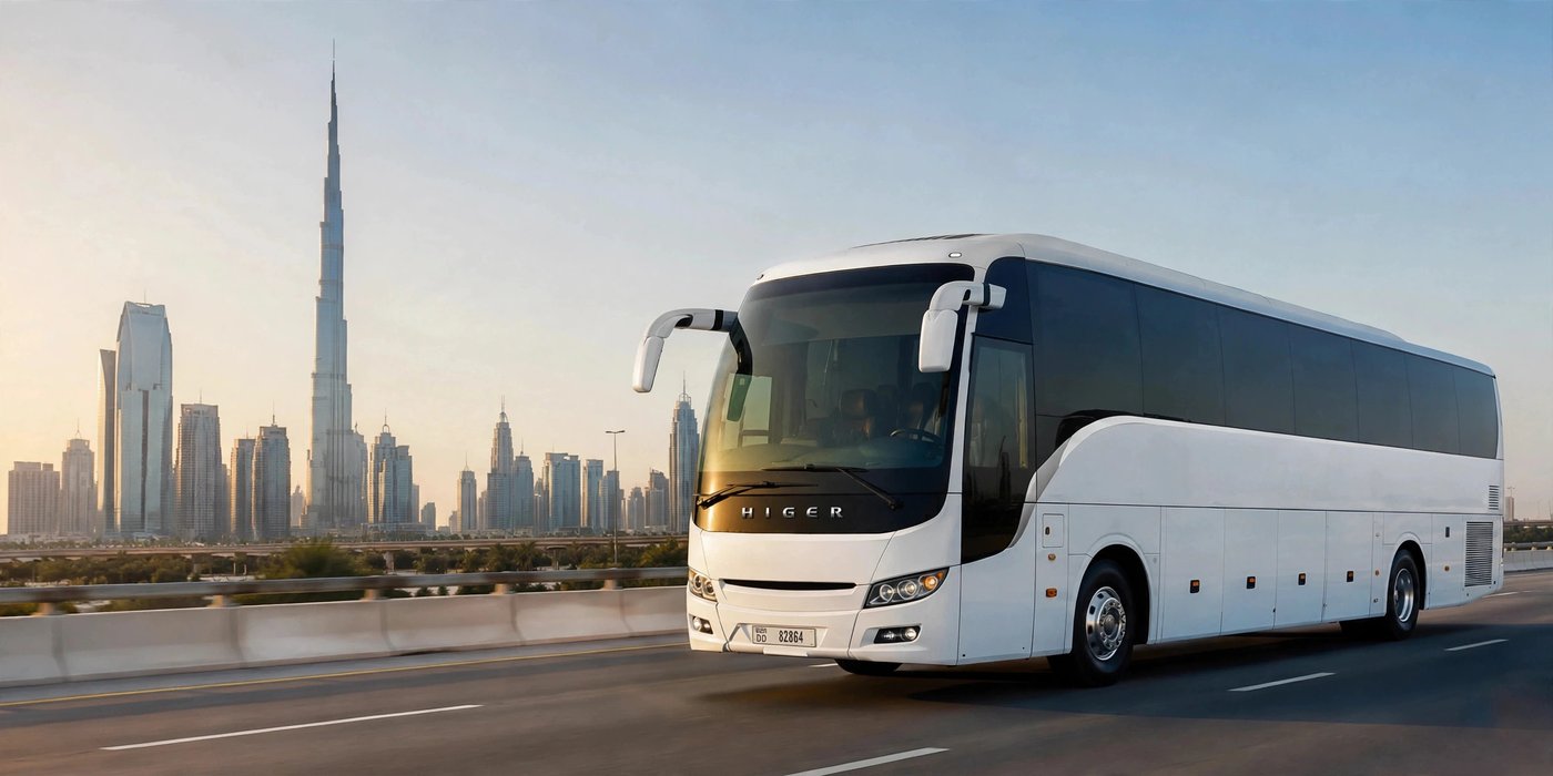 White Higer luxury coach on a Dubai highway